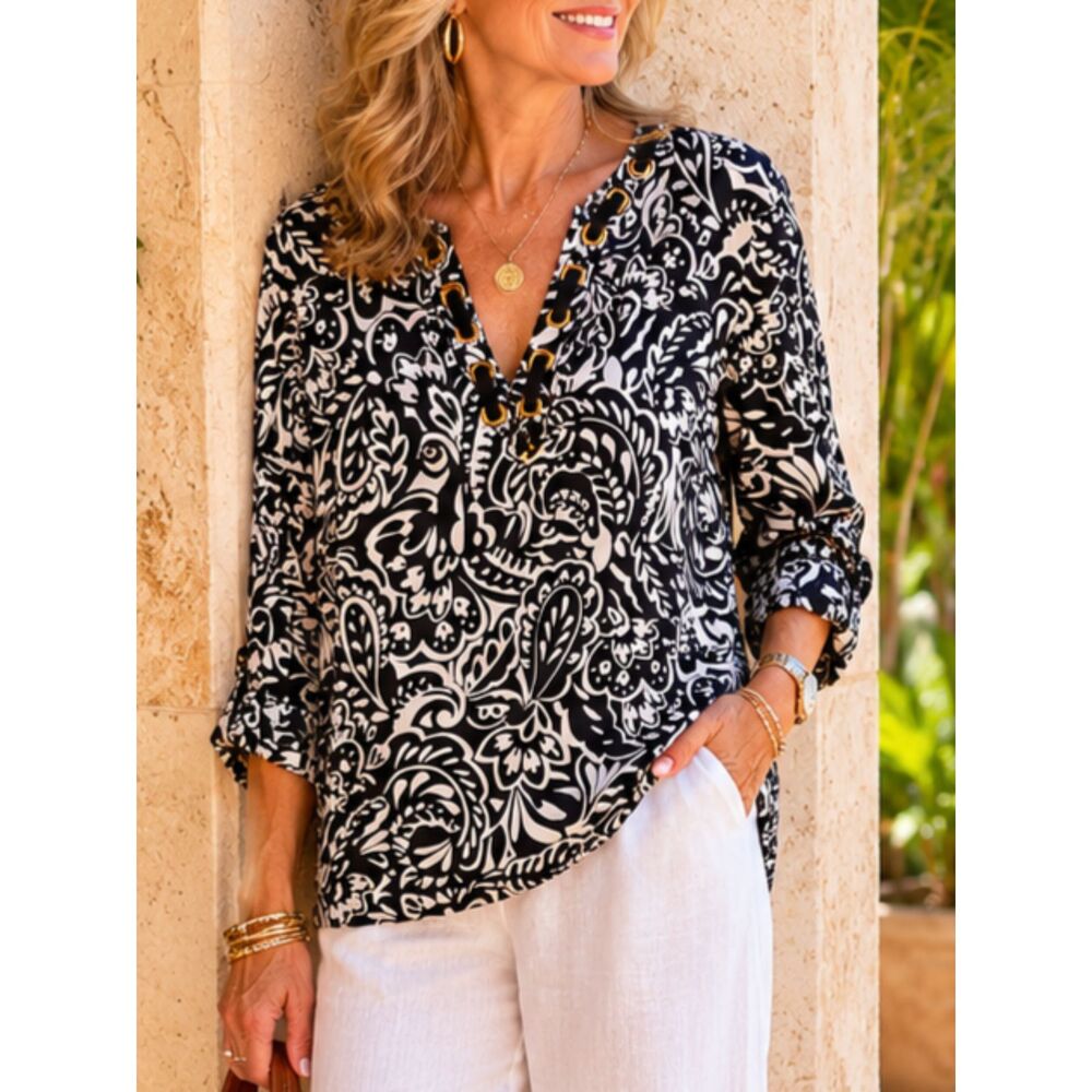 ST. TROPEZ WEST Paisley Linen Rayon Black White Long Sleeve Shirt Medium Women's